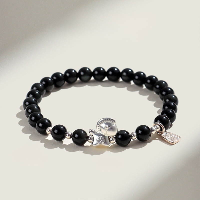 Buddha Stones Year Of The Horse Black Obsidian Red Agate Pink Crystal Silver Fulfilment Bracelet - Black Obsidian(Wrist Circumference:14-15cm) - image 0