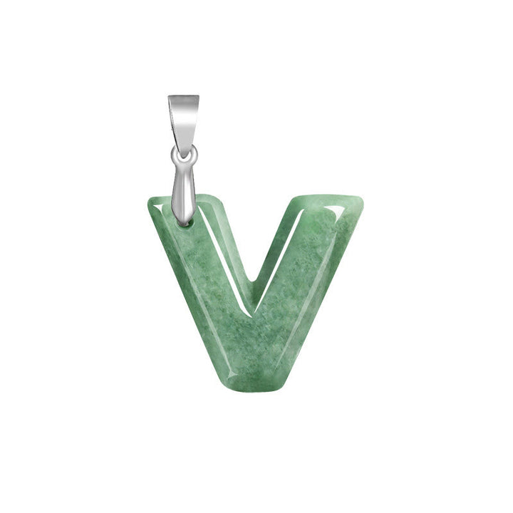 Buddha Stones Natural A-Z Letter Jade Titanium Steel Chain Prosperity Necklace Pendant - V - image 26