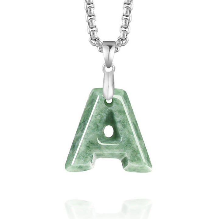 Buddha Stones Natural A-Z Letter Jade Titanium Steel Chain Prosperity Necklace Pendant - image 2