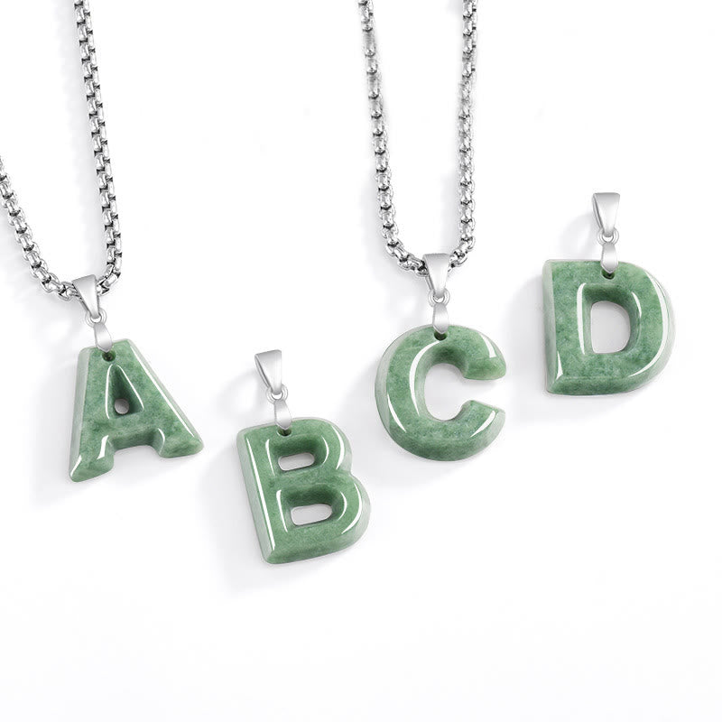 Buddha Stones Natural A-Z Letter Jade Titanium Steel Chain Prosperity Necklace Pendant - image 0