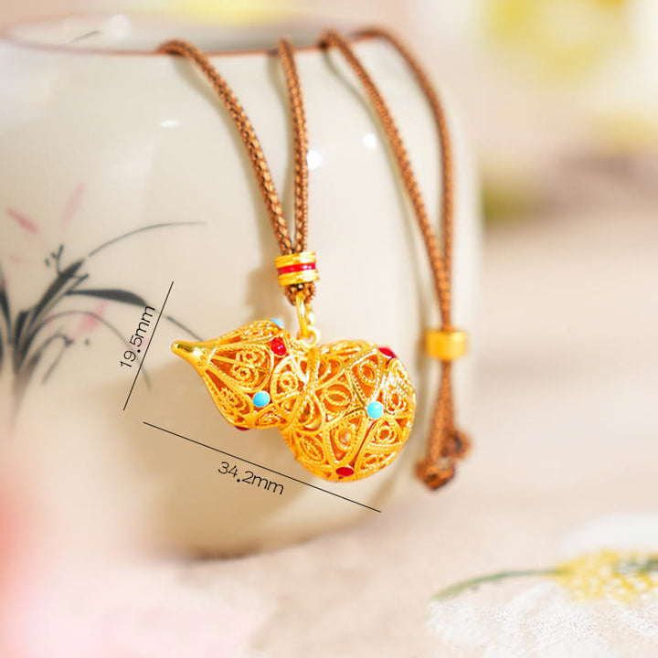 Buddha Stones Hollow Gourd Design 24k Gold Plated Brass Rope Necklace Pendant - image 4