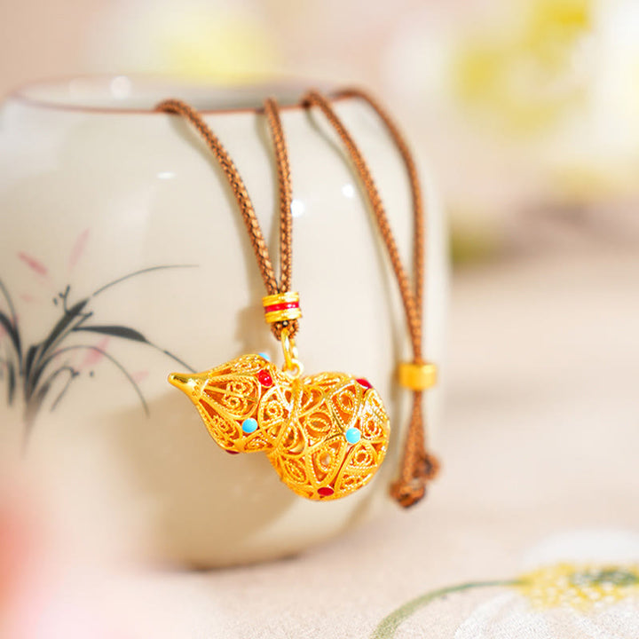 Buddha Stones Hollow Gourd Design 24k Gold Plated Brass Rope Necklace Pendant - Gourd - image 1