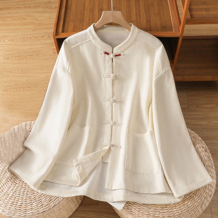 Buddha Stones Winter Frog-button Long Sleeve Cotton Fleece Lined Women's Thermal Jacket With Pockets - FloralWhite - US8-10，UK/AU12-14，EU40-42 (2XL) - image 1