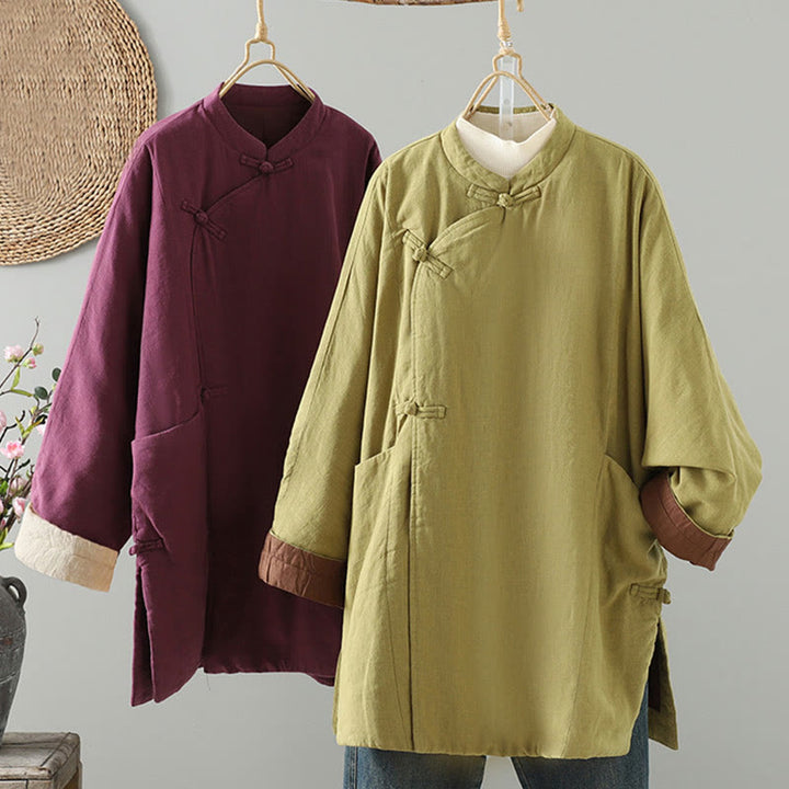 Buddha Stones Winter Frog-button Mid-length Women's Cotton Coat With Pockets - image 12