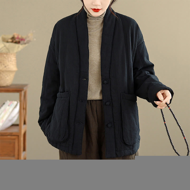 Buddha Stones Winter Solid Long Sleeve Cotton Women's Thermal Jacket With Pockets - image 21