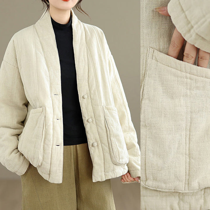 Buddha Stones Winter Solid Long Sleeve Cotton Women's Thermal Jacket With Pockets - image 7