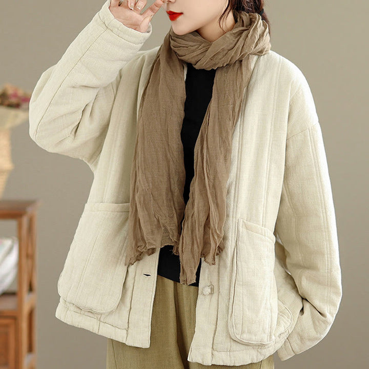 Buddha Stones Winter Solid Long Sleeve Cotton Women's Thermal Jacket With Pockets - image 6