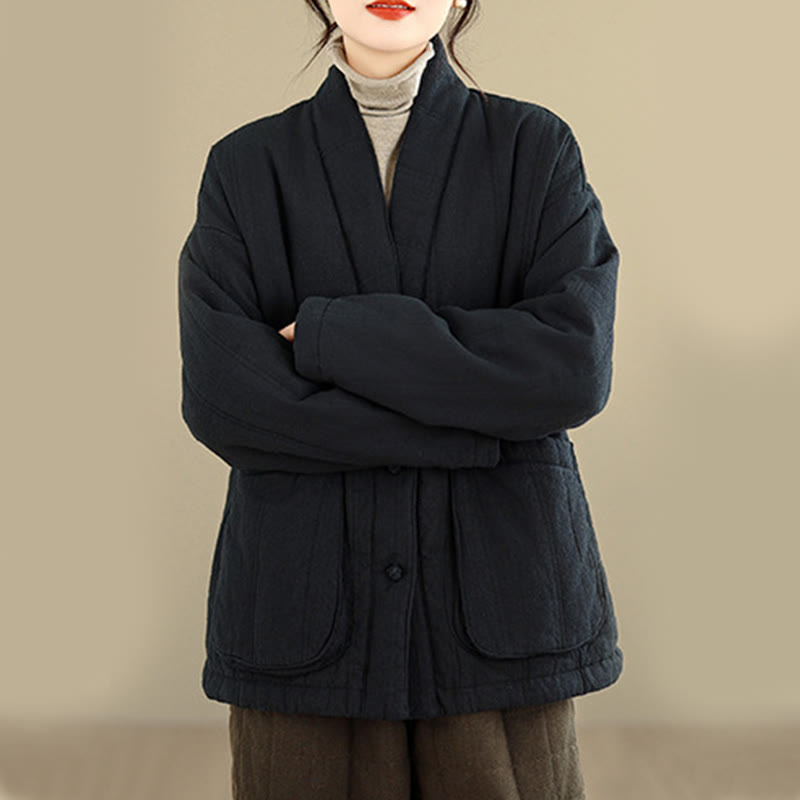 Buddha Stones Winter Solid Long Sleeve Cotton Women's Thermal Jacket With Pockets - image 22