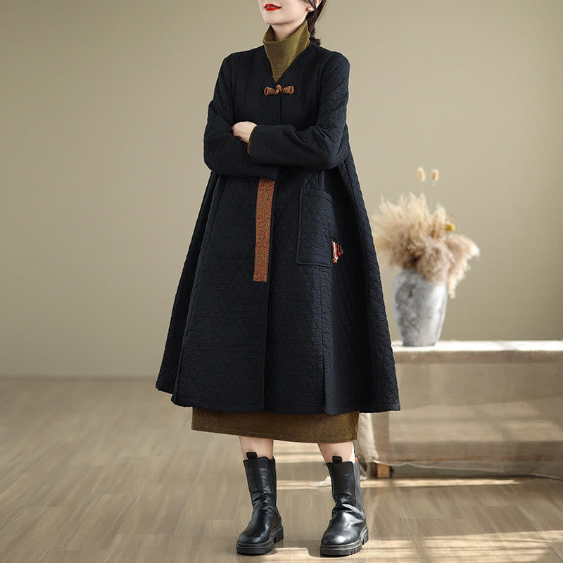 Buddha Stones Diamond Pattern Mid-length Women's Cotton Coat With Pockets - image 3