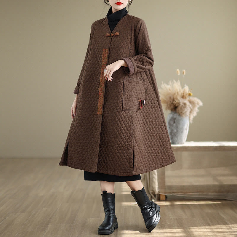 Buddha Stones Diamond Pattern Mid-length Women's Cotton Coat With Pockets - SaddleBrown - US14，UK/AU18，EU46 (2XL) - image 9
