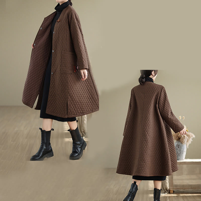 Buddha Stones Diamond Pattern Mid-length Women's Cotton Coat With Pockets - image 13