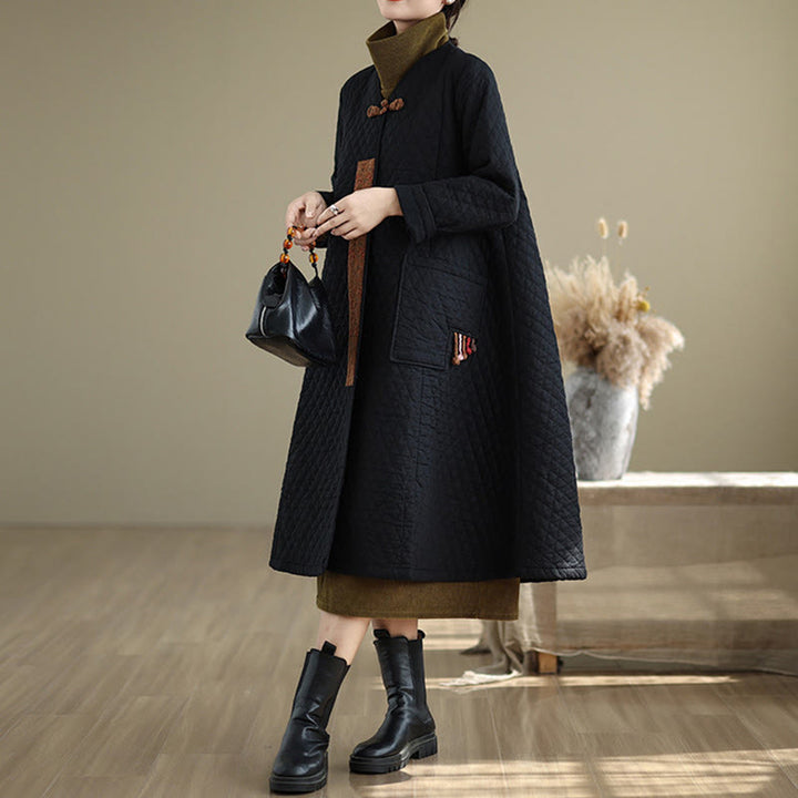 Buddha Stones Diamond Pattern Mid-length Women's Cotton Coat With Pockets - image 5