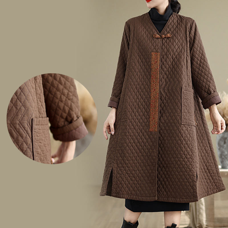Buddha Stones Diamond Pattern Mid-length Women's Cotton Coat With Pockets - image 15