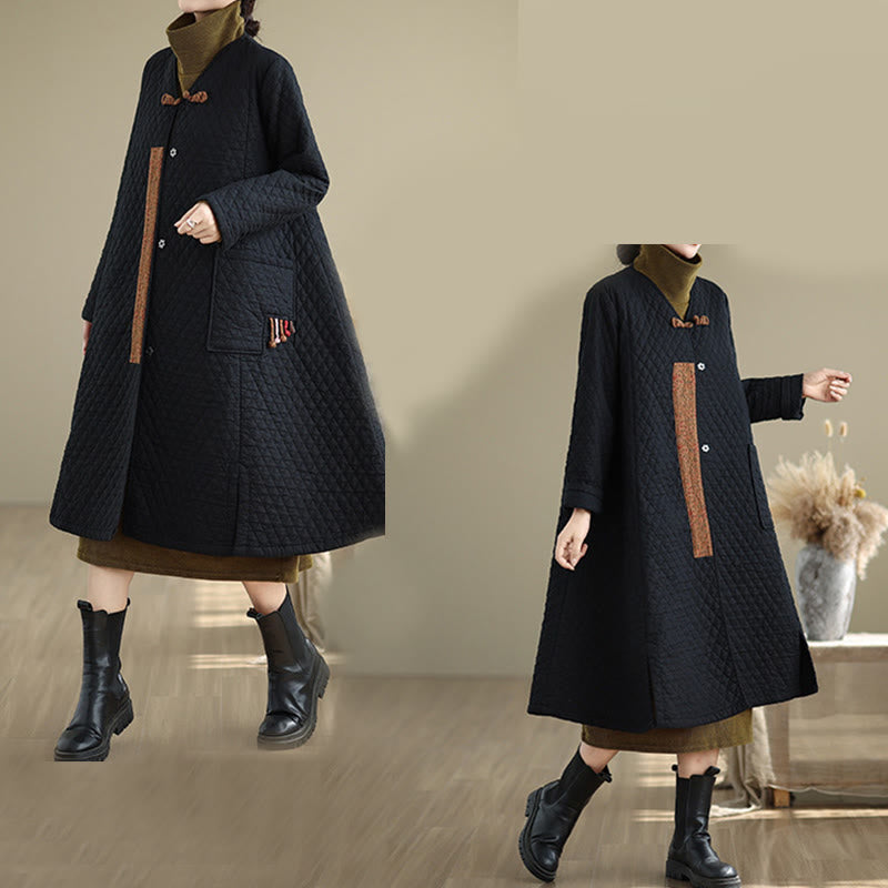 Buddha Stones Diamond Pattern Mid-length Women's Cotton Coat With Pockets - image 6