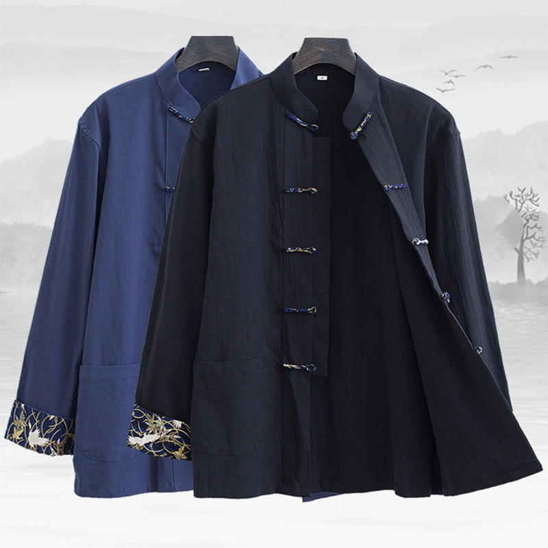 Buddha Stones Spring Cranes Design Men's Frog-Button Cotton Linen Long Sleeve Jacket - image 1