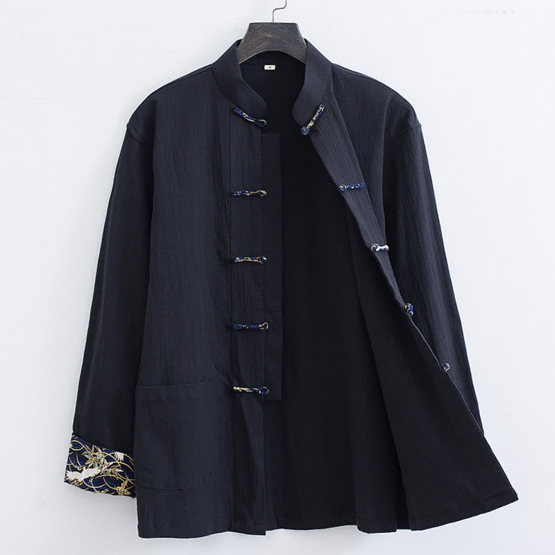 Buddha Stones Spring Cranes Design Men's Frog-Button Cotton Linen Long Sleeve Jacket - Black - US/UK/AU52，EU62 (8XL) - image 0
