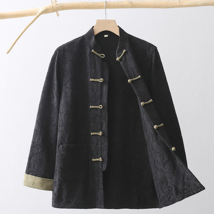 Buddha Stones Spring Jacquard Men's Frog-Button Cotton Long Sleeve Jacket With Pockets - Black - US/UK/AU44，EU54 (4XL) - image 0