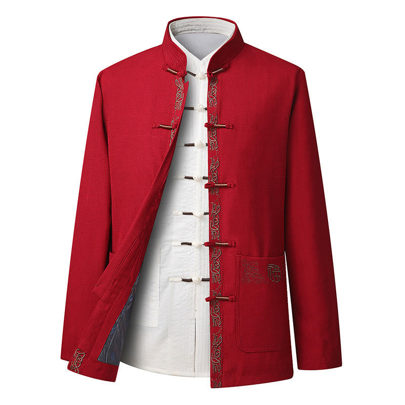 Buddha Stones Fu Character Embroidery Tang Suit Frog-Button Men's Long Sleeve Jacket Shirt Pants - Red Jacket(Jacket Only) - US/UK/AU44，EU54 (4XL) - image 10