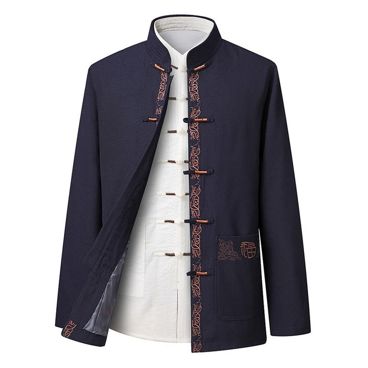 Buddha Stones Fu Character Embroidery Tang Suit Frog-Button Men's Long Sleeve Jacket Shirt Pants - SteelBlue Jacket(Jacket Only) - US/UK/AU44，EU54 (4XL) - image 9