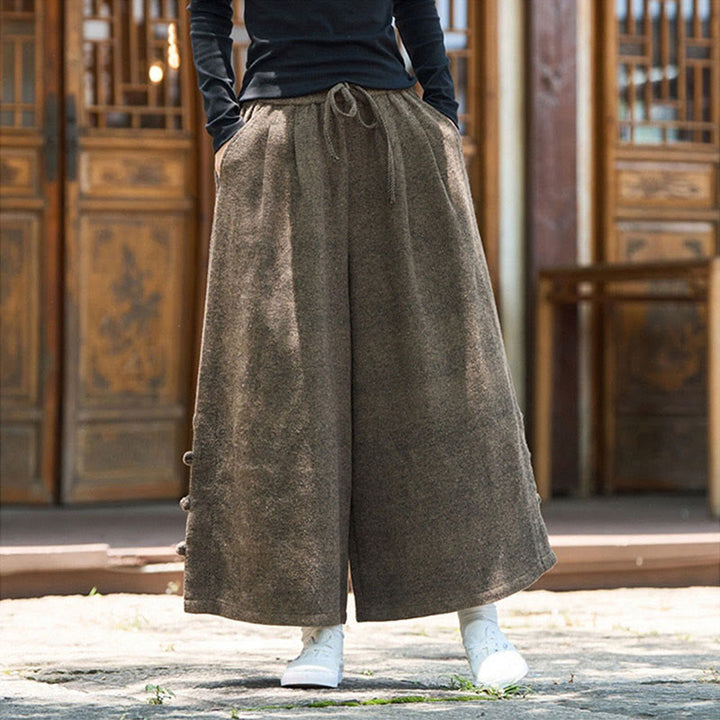 Buddha Stones Winter Chinese Frog-Button Design Corduroy Thermal Men's Wide Leg Pants With Pockets - image 17