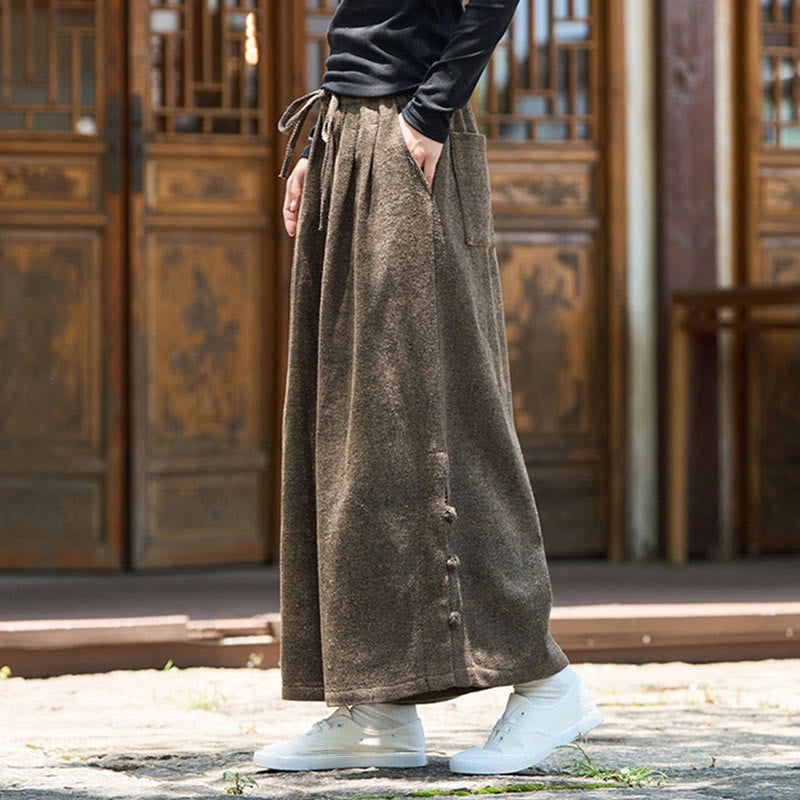 Buddha Stones Winter Chinese Frog-Button Design Corduroy Thermal Men's Wide Leg Pants With Pockets - image 12