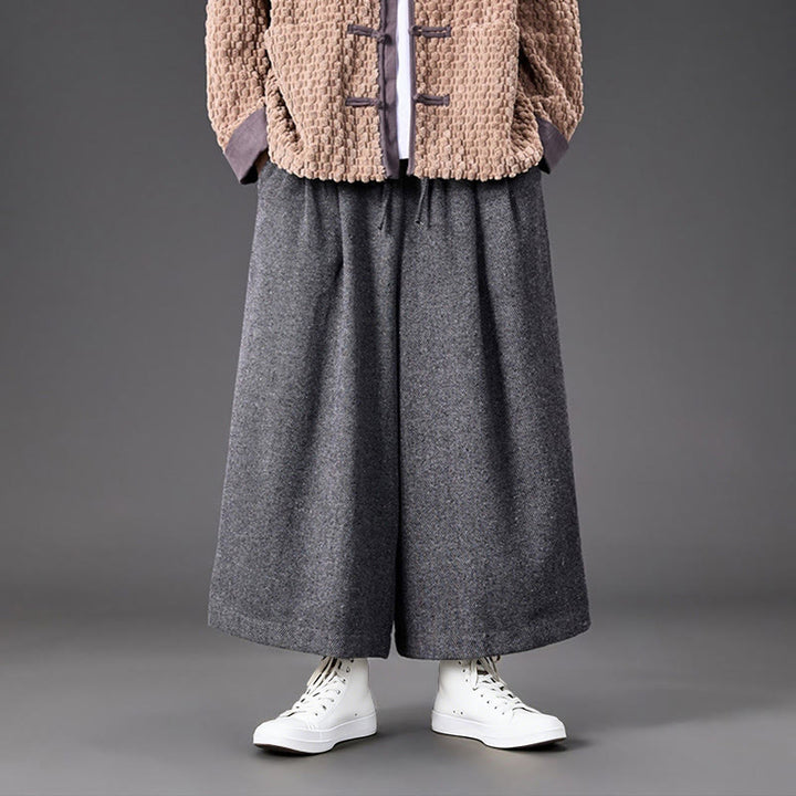 Buddha Stones Winter Chinese Frog-Button Design Corduroy Thermal Men's Wide Leg Pants With Pockets - image 24