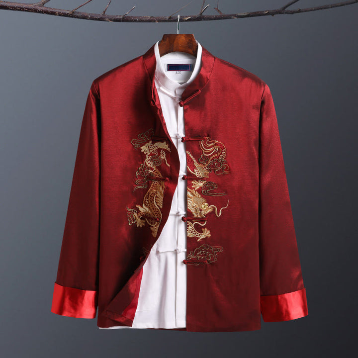 Buddha Stones Spring Fall Dragon Embroidery Frog-Button Long Sleeve Men's Jacket - One Dragon Red - US/UK/AU42，EU52 (3XL) - image 6