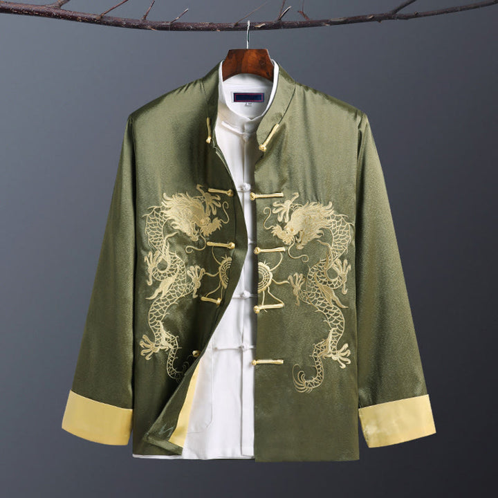 Buddha Stones Spring Fall Dragon Embroidery Frog-Button Long Sleeve Men's Jacket - Double Dragon Green - US/UK/AU42，EU52 (3XL) - image 11