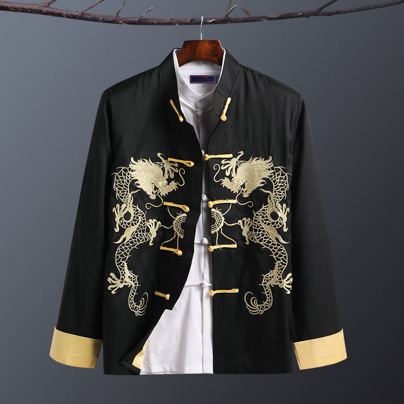 Buddha Stones Spring Fall Dragon Embroidery Frog-Button Long Sleeve Men's Jacket - Double Dragon Black - US/UK/AU42，EU52 (3XL) - image 12