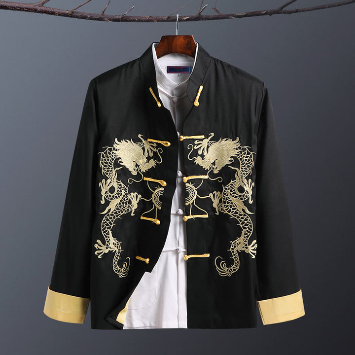 Buddha Stones Spring Fall Dragon Embroidery Frog-Button Long Sleeve Men's Jacket - Double Dragon Black - US/UK/AU42，EU52 (3XL) - image 12