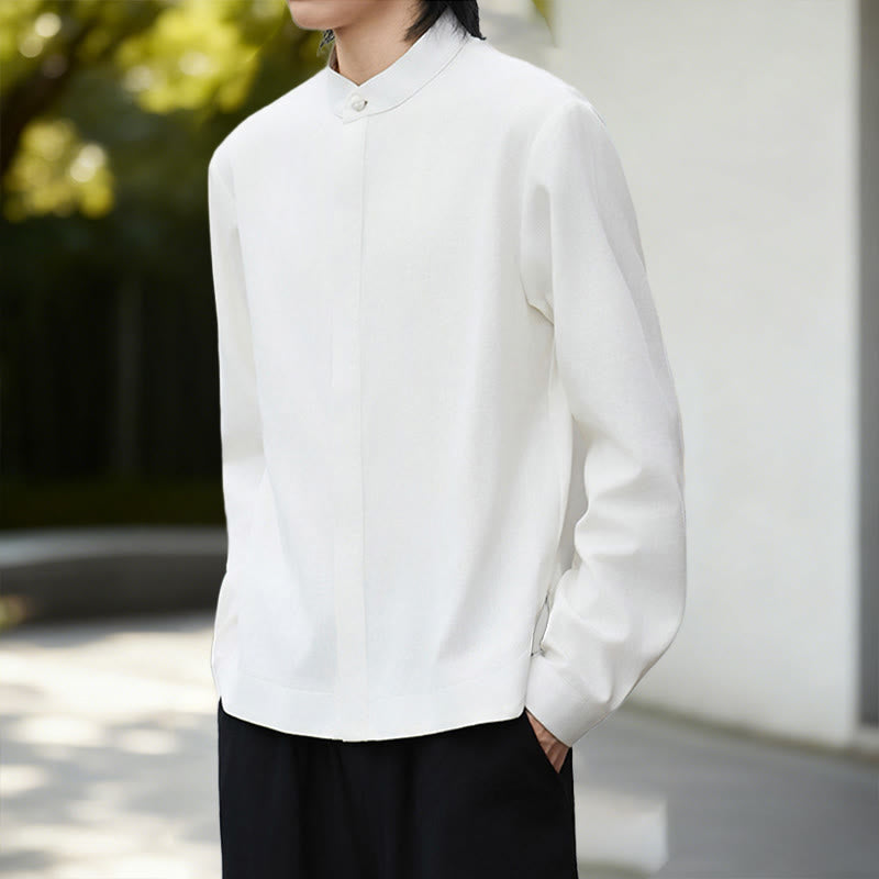 Buddha Stones Fall Solid Color White Men's Long Sleeve Cotton Linen Shirt - image 6