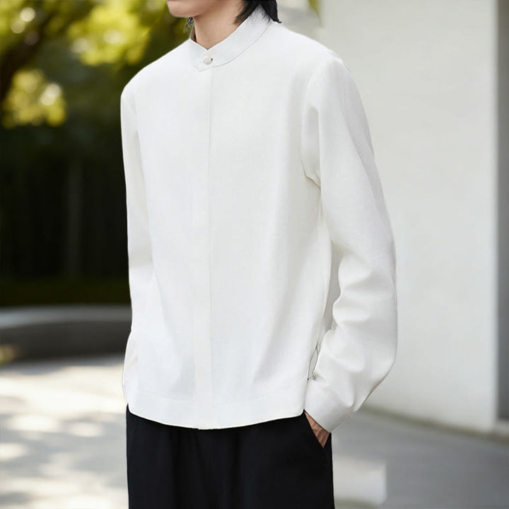 Buddha Stones Fall Solid Color White Men's Long Sleeve Cotton Linen Shirt - image 6