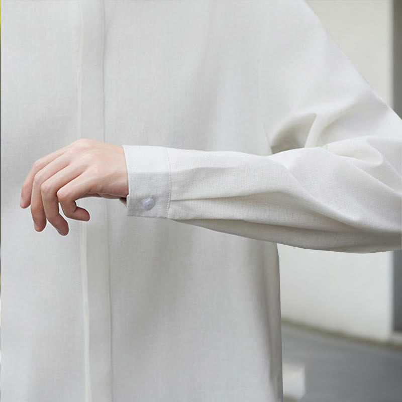 Buddha Stones Fall Solid Color White Men's Long Sleeve Cotton Linen Shirt - image 9