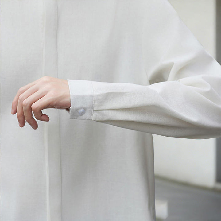 Buddha Stones Fall Solid Color White Men's Long Sleeve Cotton Linen Shirt - image 9