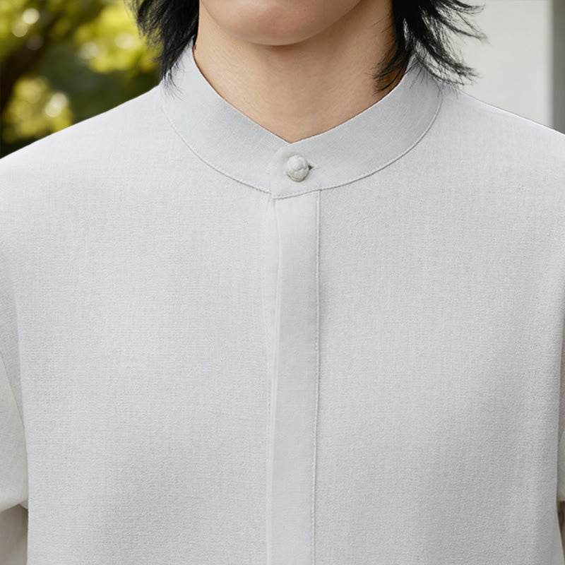 Buddha Stones Fall Solid Color White Men's Long Sleeve Cotton Linen Shirt - image 8