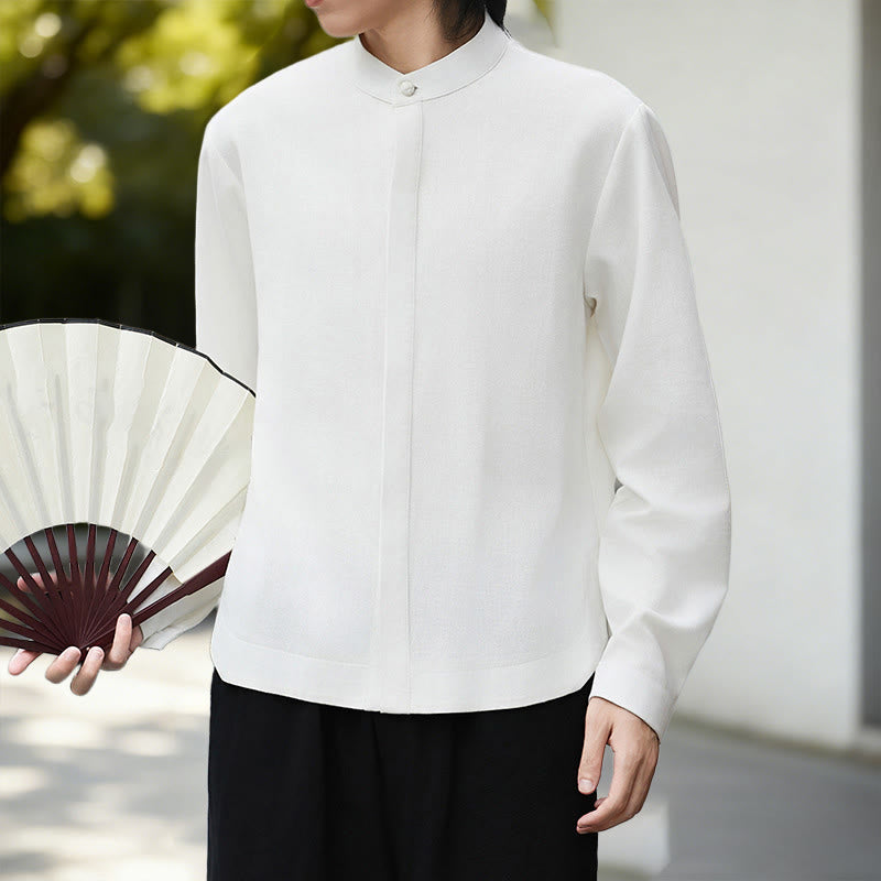 Buddha Stones Fall Solid Color White Men's Long Sleeve Cotton Linen Shirt - image 2