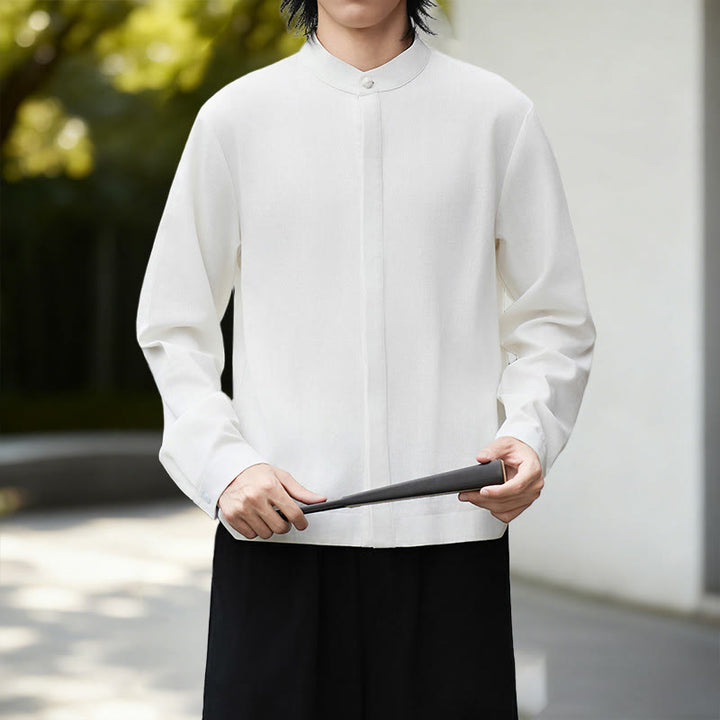 Buddha Stones Fall Solid Color White Men's Long Sleeve Cotton Linen Shirt - White Shirt - US/UK/AU46，EU56 (5XL) - image 0