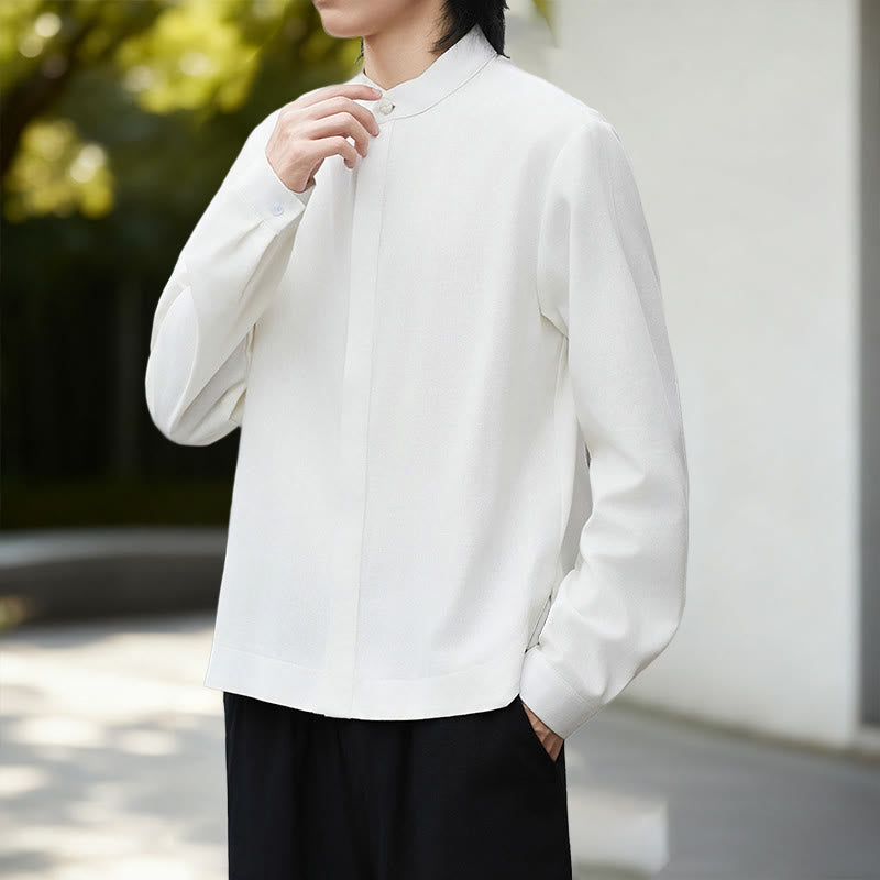Buddha Stones Fall Solid Color White Men's Long Sleeve Cotton Linen Shirt - image 5