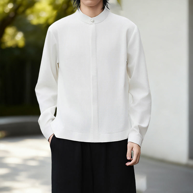 Buddha Stones Fall Solid Color White Men's Long Sleeve Cotton Linen Shirt - image 1