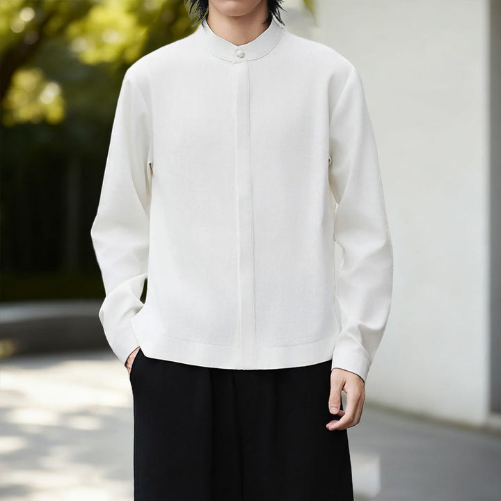 Buddha Stones Fall Solid Color White Men's Long Sleeve Cotton Linen Shirt - image 1