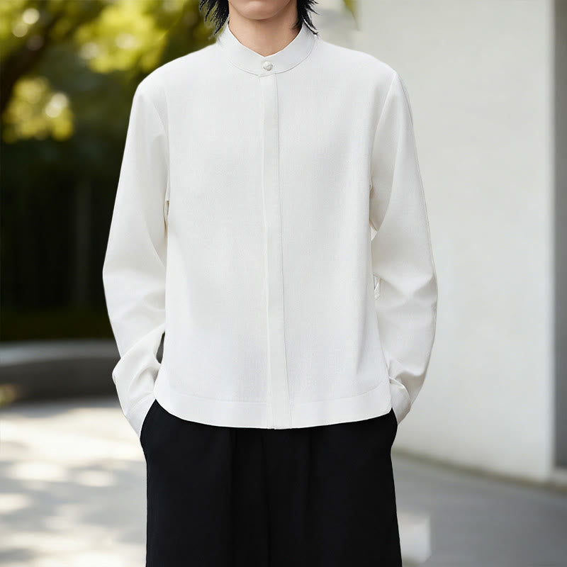 Buddha Stones Fall Solid Color White Men's Long Sleeve Cotton Linen Shirt - image 4