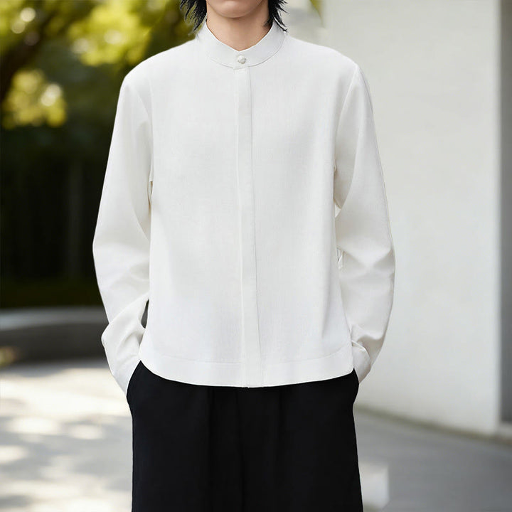 Buddha Stones Fall Solid Color White Men's Long Sleeve Cotton Linen Shirt - image 4