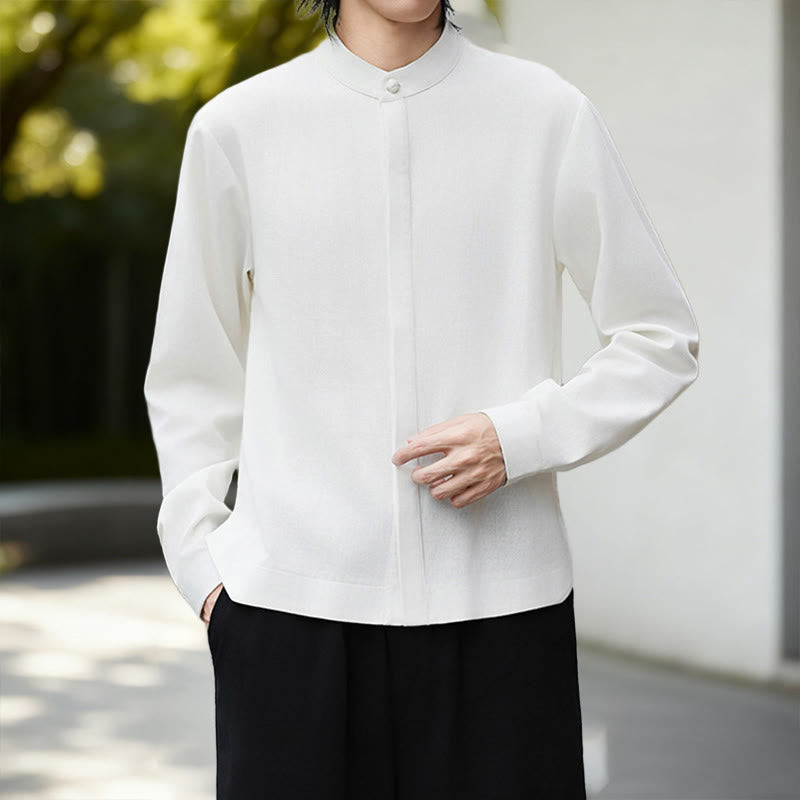 Buddha Stones Fall Solid Color White Men's Long Sleeve Cotton Linen Shirt - image 7