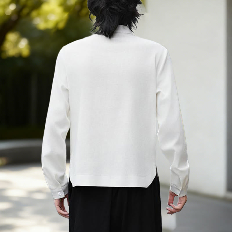 Buddha Stones Fall Solid Color White Men's Long Sleeve Cotton Linen Shirt - image 3