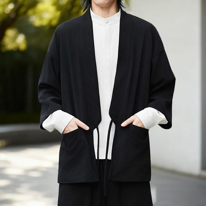 Buddha Stones Solid Color Open Front Long Sleeve Corduroy Jacket Men's Kimono Cotton Linen Shirt - image 6