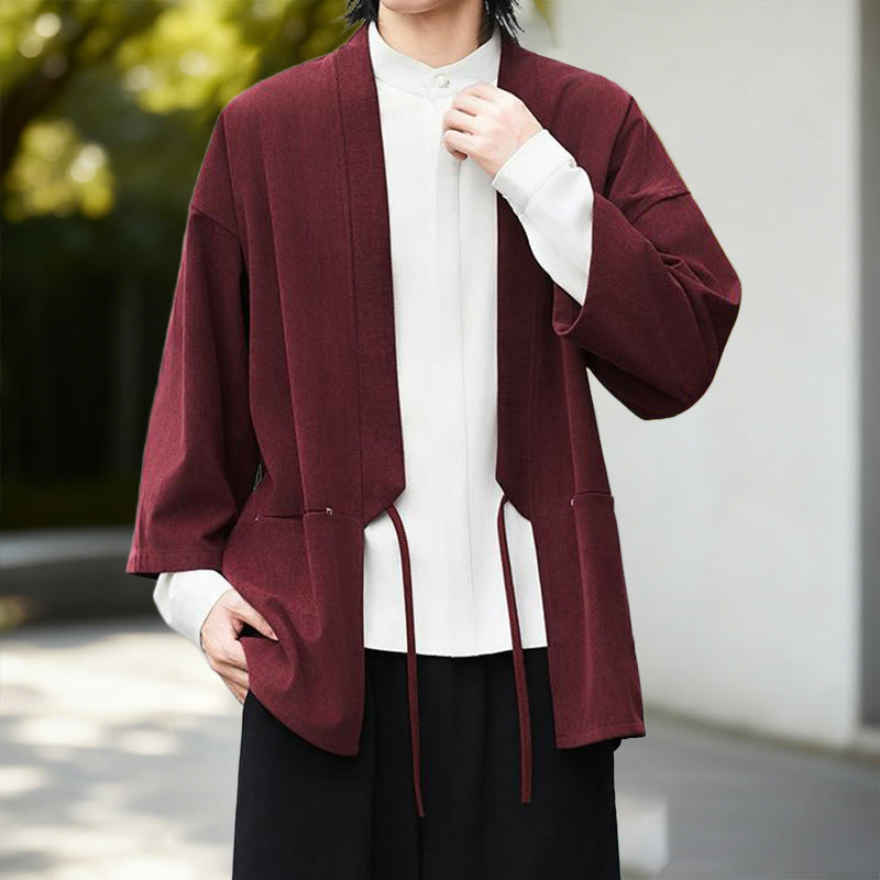 Buddha Stones Solid Color Open Front Long Sleeve Corduroy Jacket Men's Kimono Cotton Linen Shirt - image 8