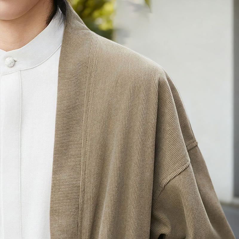 Buddha Stones Solid Color Open Front Long Sleeve Corduroy Jacket Men's Kimono Cotton Linen Shirt - image 21