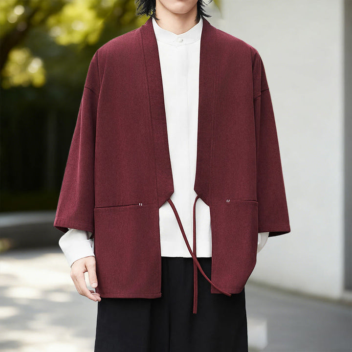 Buddha Stones Fall Solid Color White Men's Long Sleeve Cotton Linen Shirt Corduroy Kimono - DarkRed Kimono - US/UK/AU46，EU56 (5XL) - image 12