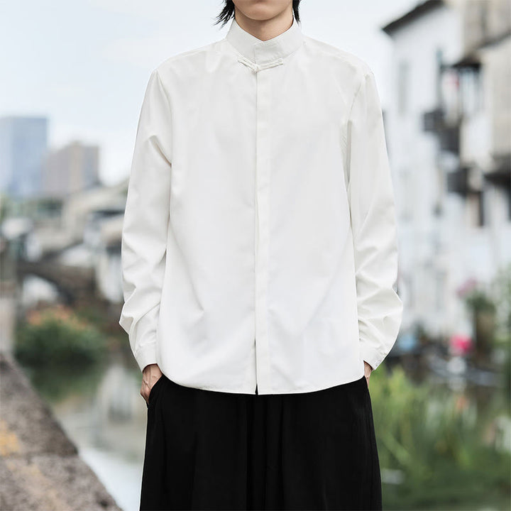 Buddha Stones Solid Color One Frog-Button Long Sleeve Cotton Men's Shirt - White - US/UK/AU46，EU56 (5XL) - image 5