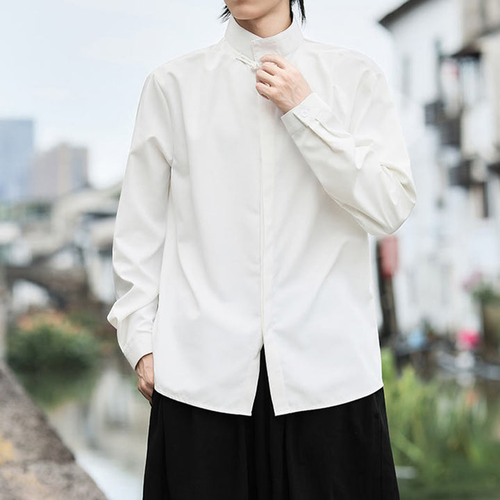 Buddha Stones Solid Color One Frog-Button Long Sleeve Cotton Men's Shirt - image 9